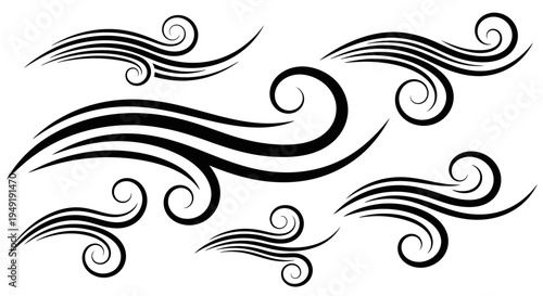 Set of Abstract Black Swirl and Wave Decorative Design Elements, Isolated White Background.