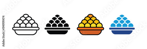 Indian sweet laddu box or crate icon set. Traditional dessert packaging and confectionery delivery symbols. Vector Illustration.