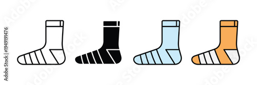 Injured foot with bandage or medical sock icon set. Orthopedic recovery, first aid treatment, and foot injury support symbols. Vector Illustration.