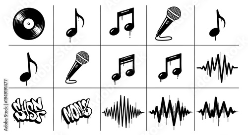 Collection of Black and White Music and Sound Icons Including Notes, Microphones, Sound Waves, and Vinyl Record, Isolated White Background.