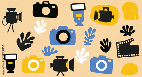 Photography and filmmaking equipment icons pattern with abstract organic shapes
