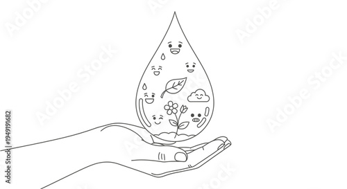 Caring Hand Holding Water Droplet with Nature Elements and Happy Faces on Isolated White Background