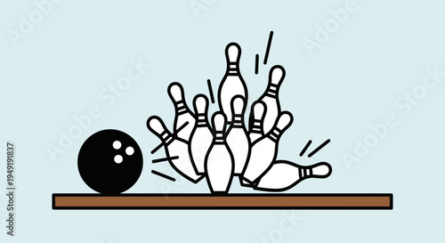 Bowling ball striking white pins on a wooden lane, illustrating a successful hit and the thrill of a bowling game, in a bright setting.