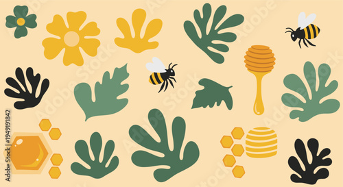 Cute honey bee and floral nature elements set