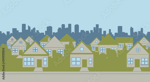 Row of typical suburban houses with various architectural styles and green trees, creating a peaceful neighborhood scene under a calm sky.