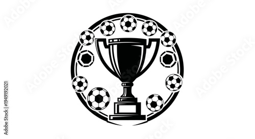 Soccer Trophy and Balls Emblem, Round Sports Victory Badge on Isolated White Background