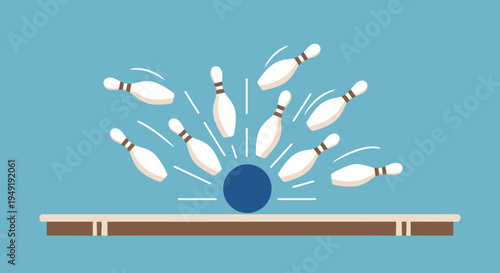 Blue Bowling Ball Striking Pins, Causing a Break and Scattering, Success in Bowling Game on Blue Background