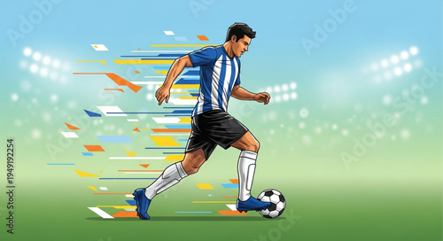 Soccer Player Dribbling Ball on Field with Stadium Lights.