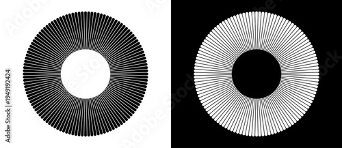 Abstract radial circle vector set with minimalist black and white linear patterns. Geometric circular design elements for modern graphic backgrounds, UI loaders, and tech illustrations.