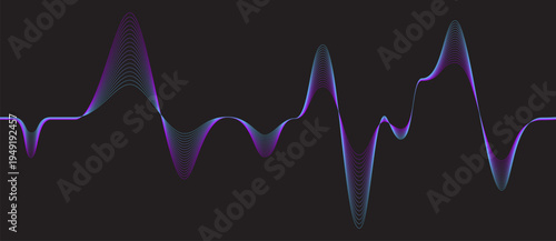 Abstract colorful wave of purple and cyan lines on dark background. Vibrant neon frequency equalizer or sound pulse vector. Modern digital flow for music and tech design.