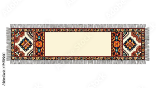 Elegant long runner rug featuring a central beige panel framed by intricate geometric and floral patterns with fringe at the ends.