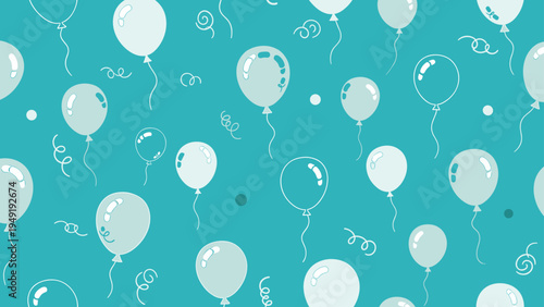 Festive seamless pattern featuring light blue balloons, dots, and curly streamers on a solid teal background.