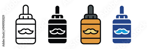 Beard oil dropper bottle icon set. Men's grooming, facial hair care, and barber shop treatment symbols. Vector Illustration.