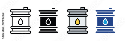 Industrial oil drum barrel icon set. Fuel storage, petroleum energy, and chemical container symbols. Vector Illustration.