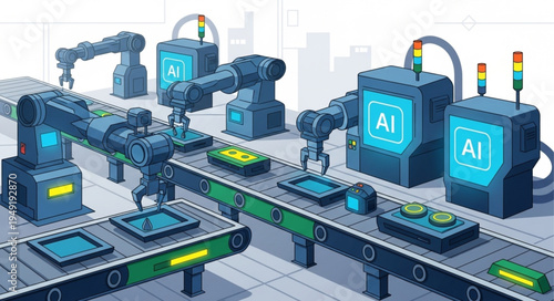 Automated Factory Assembly Line with Robotic Arms and AI Technology.