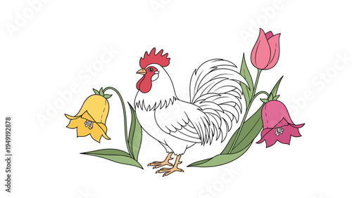 Hand drawn illustration shows a proud white rooster standing amidst vibrant pink tulips and yellow bellflowers on a clean white background.
