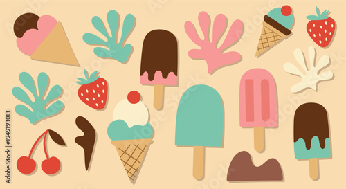 Summer ice cream and fruit pattern illustration