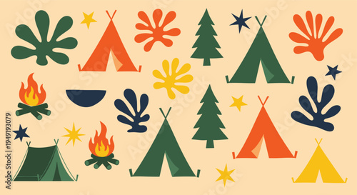 Camping elements set with tents and campfires in flat style