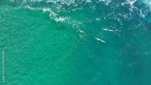 Incredible Aerial View of Kayaker Paddling Over Sharks in Crystal Clear Turquoise Water - Hadera, Israel