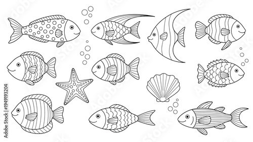 Line art collection features various species of tropical fish, a starfish, and a seashell with bubbles on a white background.
