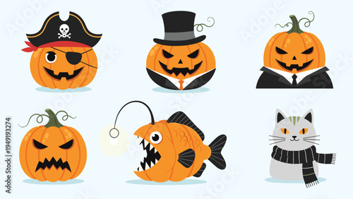 Fun collection of halloween themed pumpkins shows various characters like a pirate, a businessman, an anglerfish, and a cute grey cat.