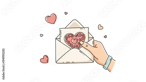 Human hand carefully pulls a decorative pink heart card out of an open white envelope, perfect for sending a romantic valentine message.