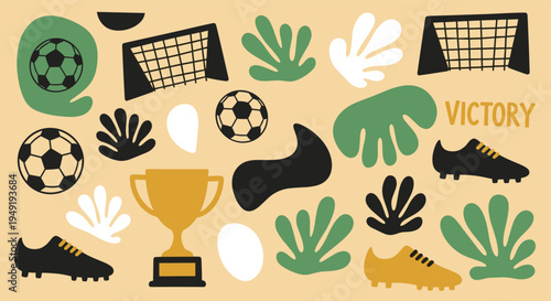 Soccer elements collection with trophy and sports gear