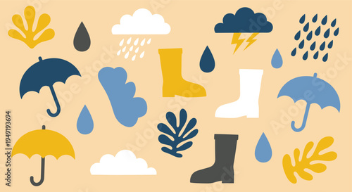 Rainy weather icons set with umbrellas and boots