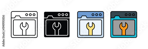 browser window icons with wrench. Web maintenance symbols. Vector Illustration
