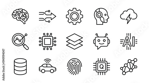 Artificial Intelligence and Technology Line Icon Set