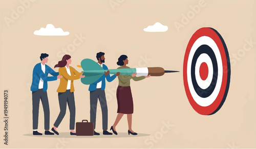 Business can teamwork we collaboration achieve coworkers colleagues mission and challenge concept, businessman and woman people help holding aiming bullseye 