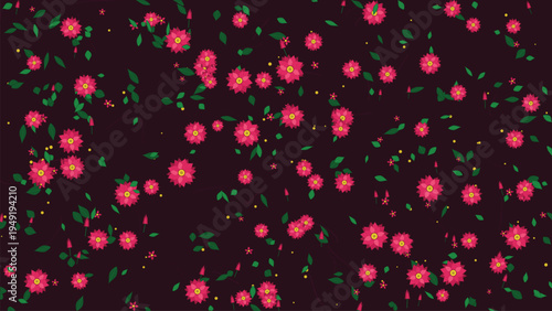 Floral pattern background with pink flowers and green leaves on dark purple for spring summer design, decorative botanical wallpaper, seamless repeating nature motif, creative digital art