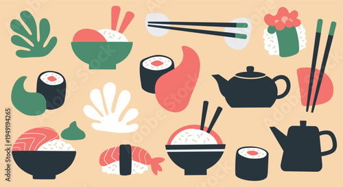 Japanese Sushi and Tea Set Flat Illustration