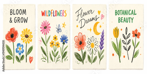 Sketch crayon style modern simple flower art poster or placard collection. Hand drawn floral and plant elements in ink, charcoal, pencil, and chalk drawing style.