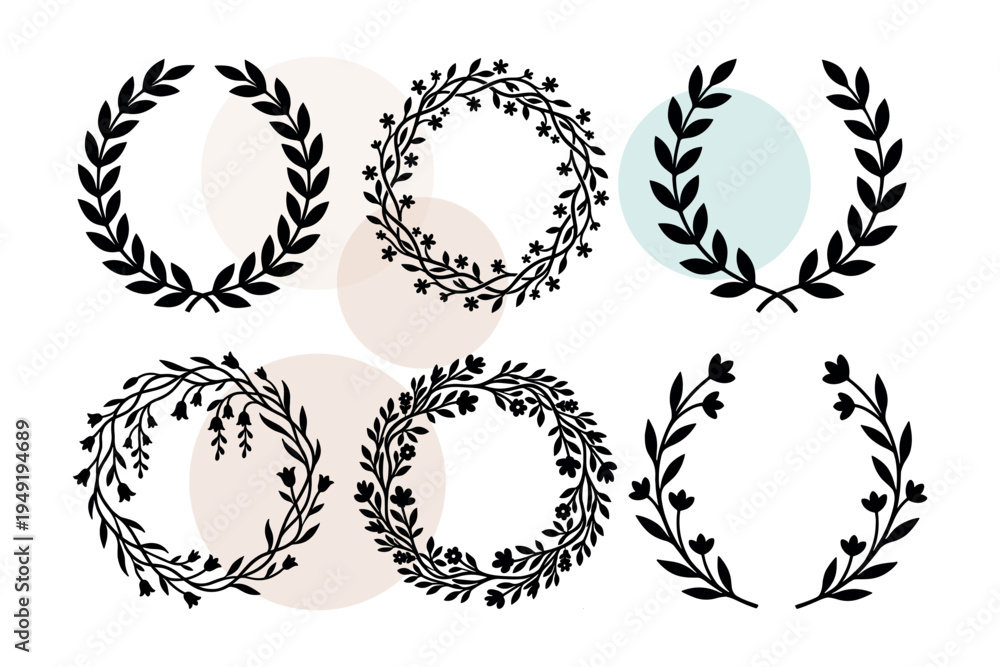 Obraz premium Vector set of delicate wildflower wreaths and leafy garlands. Rustic hand drawn dividers for natural cosmetic packaging and eco friendly decor. Artistic plant frames vector illustration