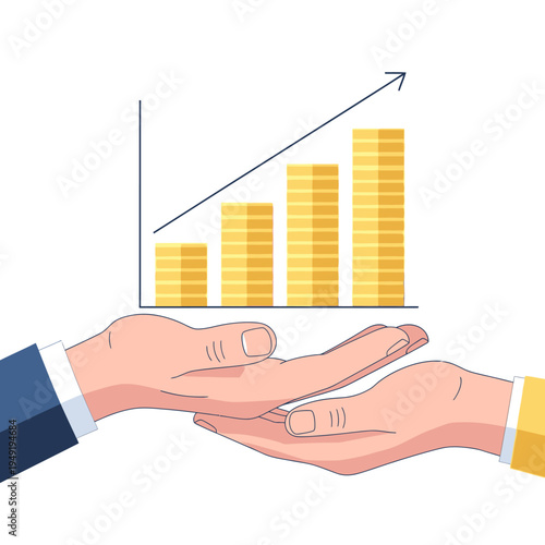 Hands holding rising coin graph, investment growth, financial success, business strategy