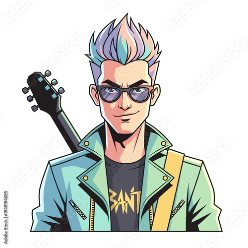 Cool Rocker Guy with Colorful Hair and Guitar, Sunglasses, Leather Jacket