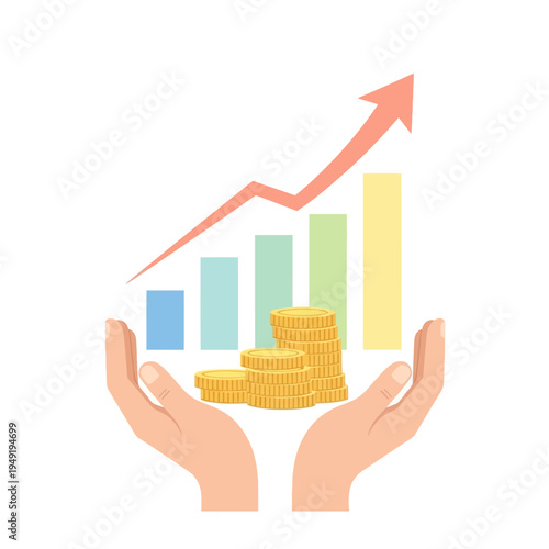 Hands holding rising financial graph with coins, symbolizing investment growth and success