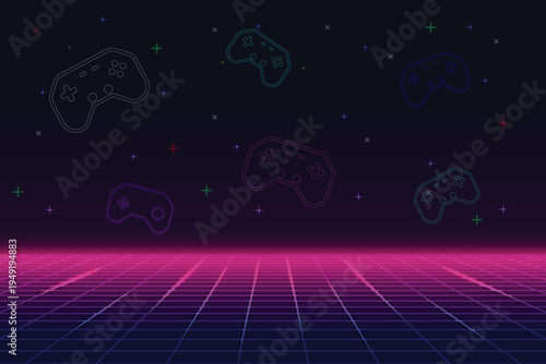 Backdrop is designed in an 80s cyberpunk game style, using 8-bit pixel art and sci-fi elements, featuring glowing neon grids and stars from vintage computer arcade games.