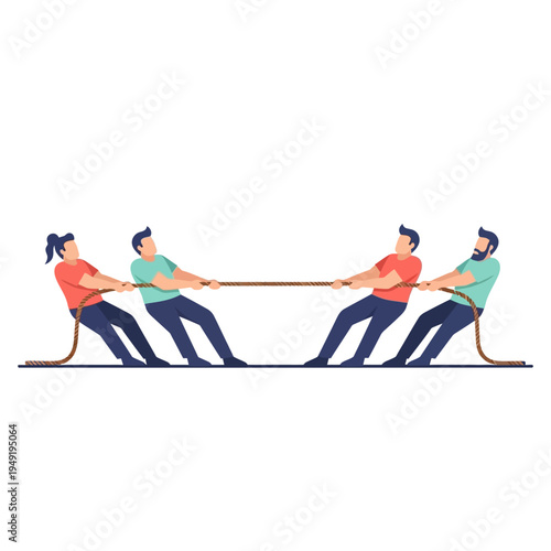 Tug of War Competition: Two Teams Pulling Rope, Strength Contest, Outdoor Activity