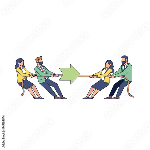 Business Teams Tug of War with Arrow Symbolizing Conflict and Competition
