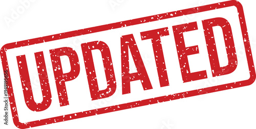 A rectangular red rubber stamp with the word UPDATED in distressed uppercase lettering on a white background