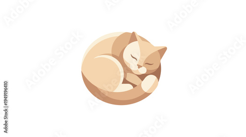 cute cartoon cat curled up and sleeping peacefully in minimalist illustration