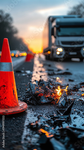 Commercial truck accident scene with traffic cone and road debris after collision.