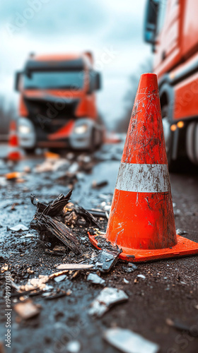 Traffic cone with road debris after a commercial truck accident scene.