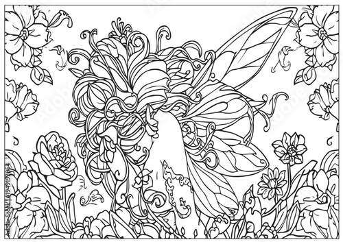 Ethereal Forest Nymph with Cascading Hair Line Art