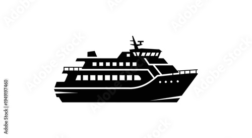 Black silhouette of a large passenger ship isolated on white background