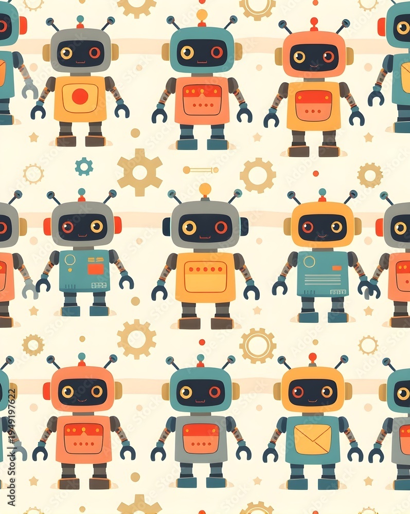 Obraz premium Seamless playful pattern of cartoon robots arranged in rows with colorful gears, bolts, and stars on light background, ideal for children’s design and technology themes