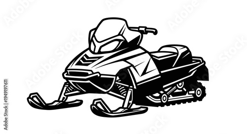 Black and white vector illustration of a snowmobile isolated on a white background