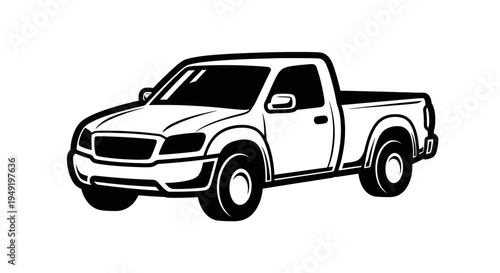 Black and white vector illustration of a pickup truck isolated on a white background